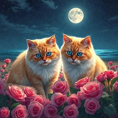 The primary subject of the image is a painting of two cats sitting in a field of pink flowers. The setting is a nighttime scene with a moon in the background, creating a serene and peaceful atmosphere. The visual style is a digital art or illustration, showcasing the artist's creativity and attention to detail. The dominant colors are pink and white, which evoke a sense of warmth and tranquility.